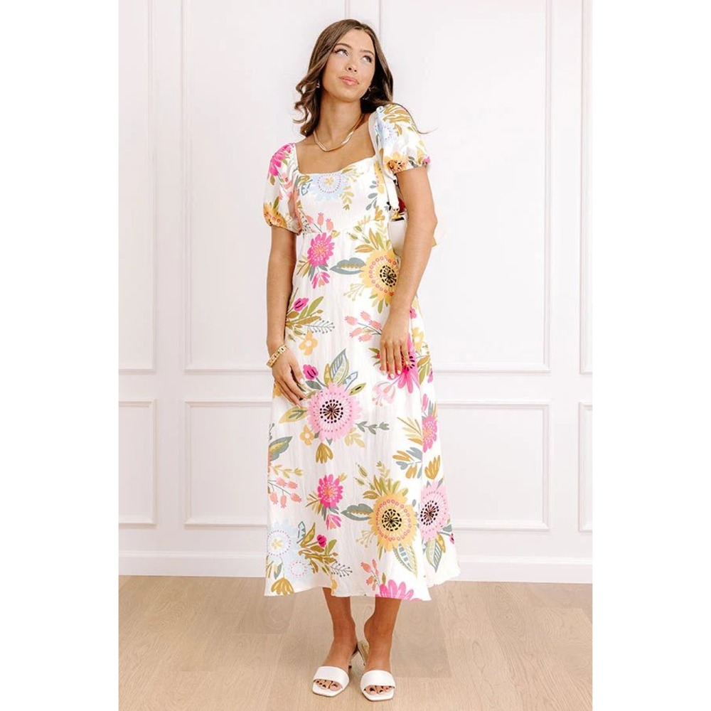 NWT Blu Pepper Midi Dress White cotton Bright colorful Floral Puff sleeve Square